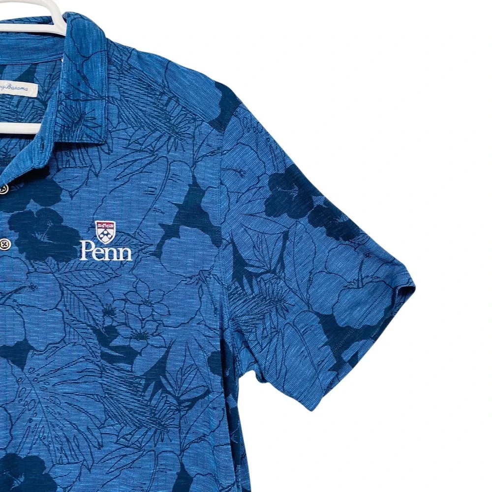 Tommy Bahama Penn University Blue Floral Tropical Polo‎ Shirt Mens XXL Tencel